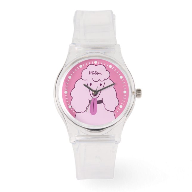 Relógio Poodle Rosa de Nome Personalizado (Frente)