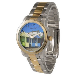 Relógio Praia abraça céu azul fotografia em inglês