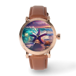 Relógio Praia oceânica com estrelas-do-mar violetas