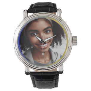 Relógio Prata Azul Personalizada, Foto de Borda de Cor Dou