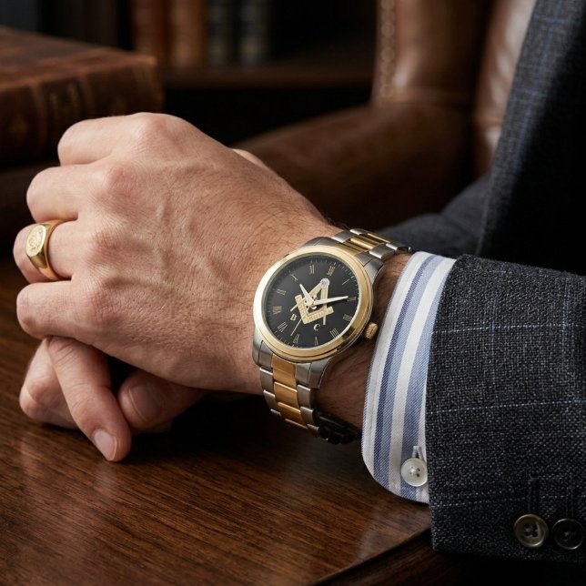 Relógio Presentes Personalizados de Monograma Maçom Preto  (Personalized Monogram Freemason Gifts Black & Watch)