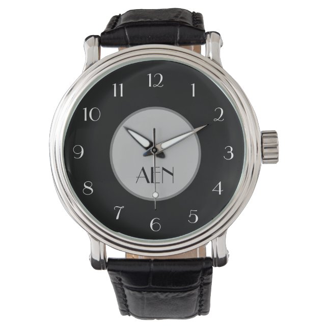 Relógio Preto cinza Branco Minimalista Moderno Monogramado (Frente)