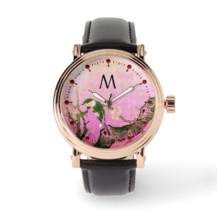 Relógio PRIMAVERA BIRD, ÁRVORE DE FLORES Monograma Rosa P