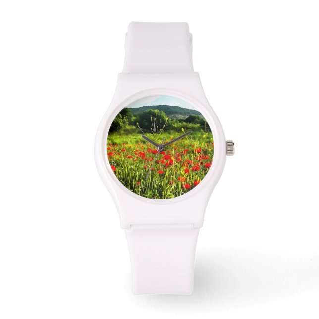 Relógio Primavera Poppies Meadow e Mountain Landscape (Frente)