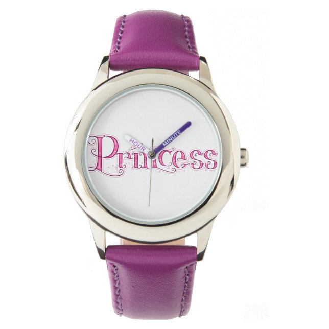 Relógio Princesa (A wristwatch with a silver case and a purple leather band, with the word "Princess!)