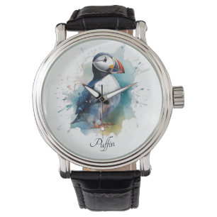 Relógio Puffin branco em cor azul-d'água, personalizável