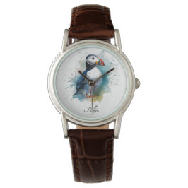 Relógio Puffin branco em cor azul-d'água, personalizável