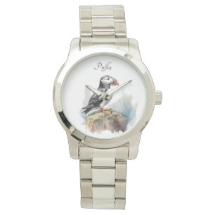 Relógio Puffin em Rock Watercolor, personalizado