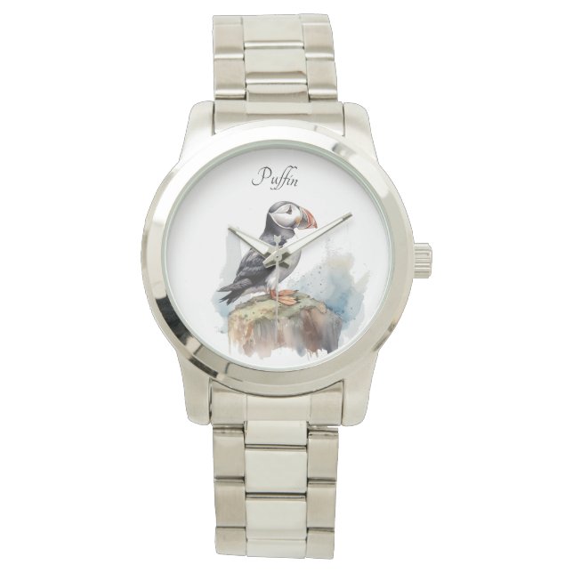 Relógio Puffin em Rock Watercolor, personalizado (Frente)