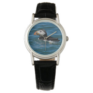 Relógio Puffin no mar faux tela de impressão acrílica chav