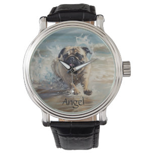 Relógio Pug Feliz na Praia personalizável