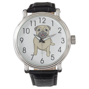 Relógio Pug feliz que senta-se para baixo, ilustração de