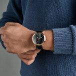Relógio Pulseira de couro preto elegante para homens<br><div class="desc">Relógio masculino com pulseira de couro preto elegante com acentos em ouro rosa, um mostrador estilo metal polido, e números brancos.</div>
