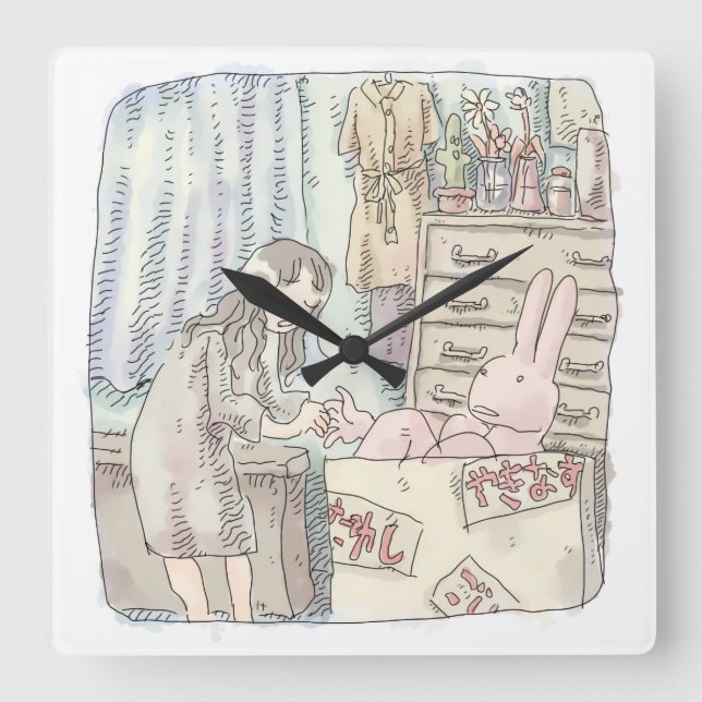 RELÓGIO QUADRADO さなごなじ　　箪笥のあるお部屋で段ボールの中のウサギに手を差し伸べる女性のイラスト (Frente)