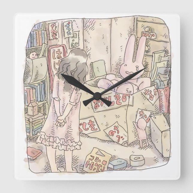 RELÓGIO QUADRADO さなごむじ  お部屋の段ボールの中で震えているウサギを見ている女性のイラスト (Frente)