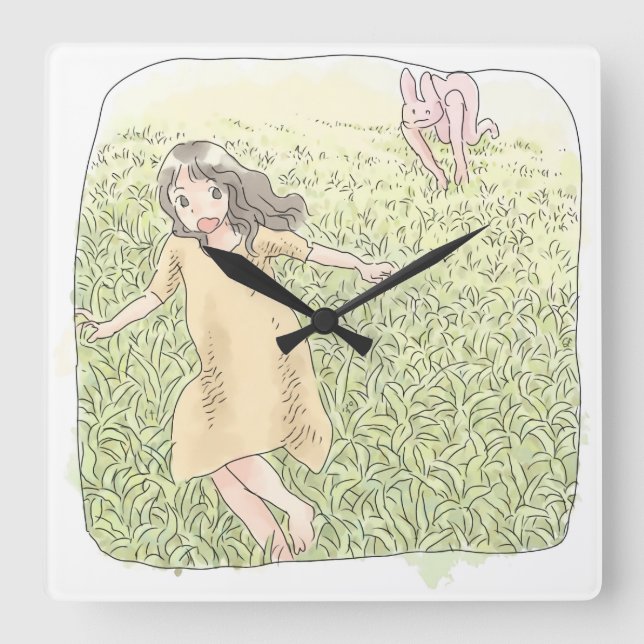 RELÓGIO QUADRADO さなしむじ　広い緑の草原を追いかける兎から走って逃げる橙色のワンピースの女性 (Frente)