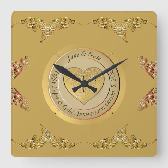 Relógio Quadrado 1º Aniversário de Casamento de Ouro (Frente)