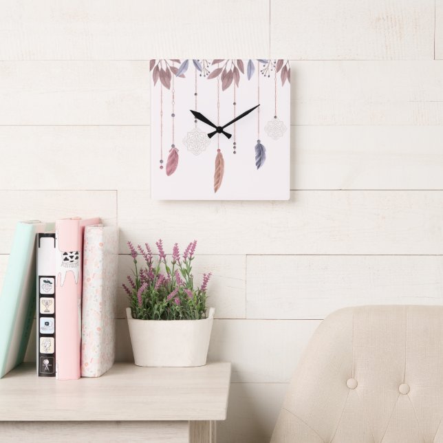 Relógio Quadrado 10.75" Boho Feathers Square Acrylic Wall Clock (Sala de leitura)