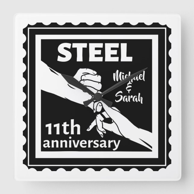 Relógio Quadrado 11 de aniversário de casamento com mãos dadas (Frente)