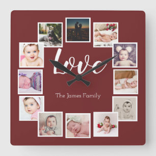 Relógio Quadrado 12 Colagem de Fotografias Personalizada Burgundy