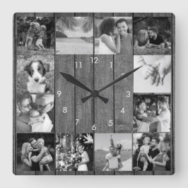 Relógio Quadrado 12 Colagem de Fotos Preto e Branco Madeira Rústica