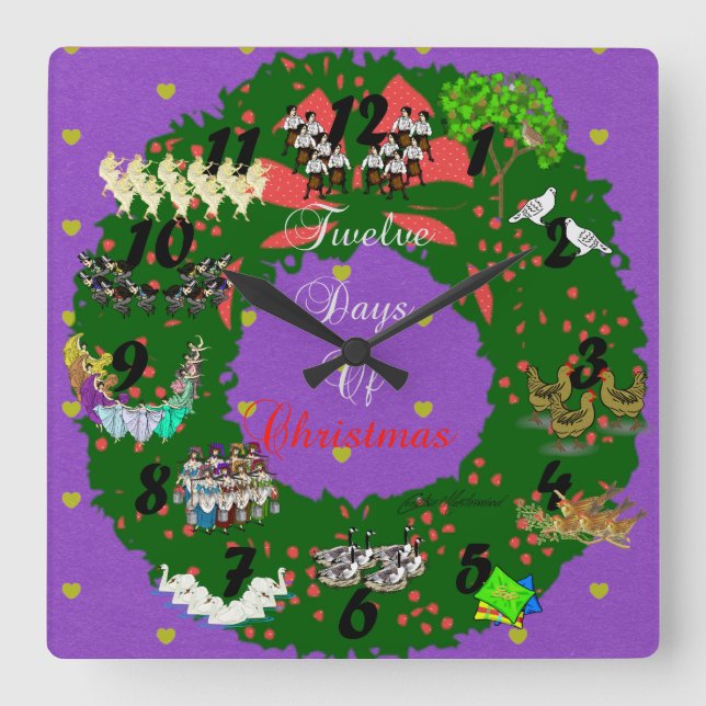 Relógio Quadrado 12 dias do tema Natal (Frente)