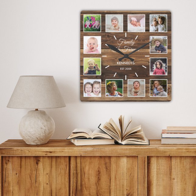 Relógio Quadrado 12 Família De Colagem Fotográfica É Para Sempre Ma (12 Photo Collage Family Is Forever Rustic Wood Square Wall Clock)