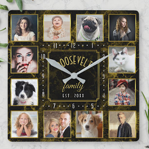 Relógio Quadrado 12 Famílias de Fotos Colagem Dourada Marble Preto