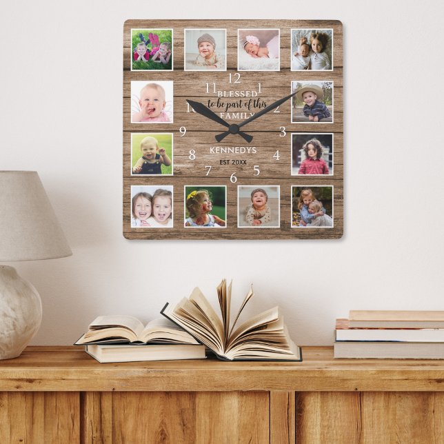 Relógio Quadrado 12 Foto Collage Abençoada Família Citação Madeira  (12 Photo Collage Blessed Family Quote Rustic Wood Square Wall Clock)