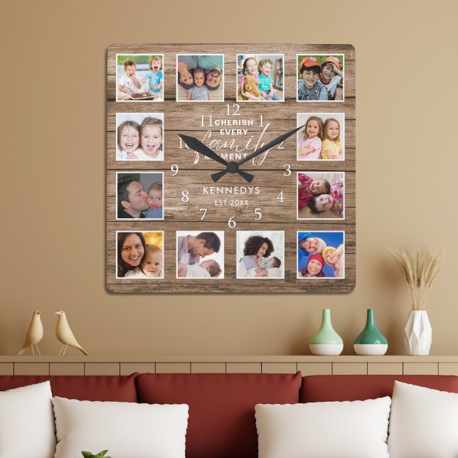 Relógio Quadrado 12 Foto Collage Family Cote Madeira Recuperada (12 Photo Collage Family Quote Reclaimed Wood Square Wall Clock)
