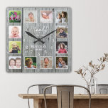 Relógio Quadrado 12 Nome Personalizado Da Família De Colagem De Fot<br><div class="desc">Crie seu próprio relógio de colagem de fotos com 12 de suas fotos favoritas. NOTA: carregue suas fotos depois de removê-las para um tamanho quadrado. Isso o ajudará a evitar cortar a face nos cantos. O relógio do fotograma ajuda a valorizar seus momentos especiais e também faz um presente pensativo...</div>