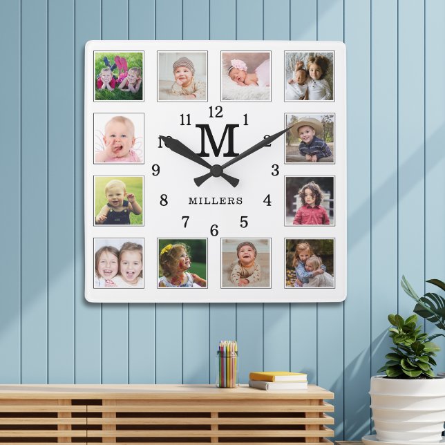 Relógio Quadrado 12 Photo Collage Family Name Monogram Black White (Criador carregado)