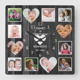 Relógio Quadrado 12 Photo Collage Family Quote Heart Black Wood