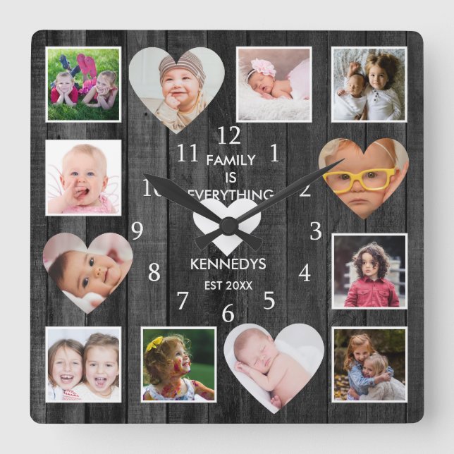 Relógio Quadrado 12 Photo Collage Family Quote Heart Black Wood  (Frente)