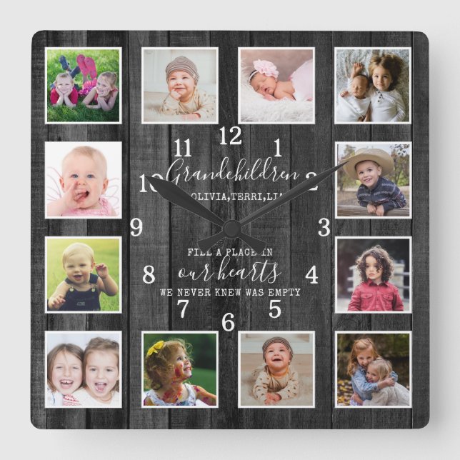Relógio Quadrado 12 Photo Collage Grandchildren Quote Black Wood (Frente)