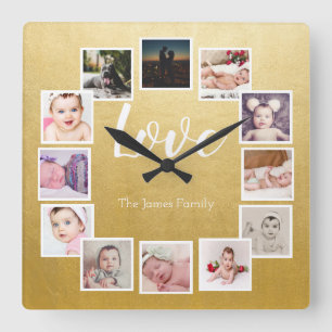 Relógio Quadrado 12 Photo Collage Personalized Gold