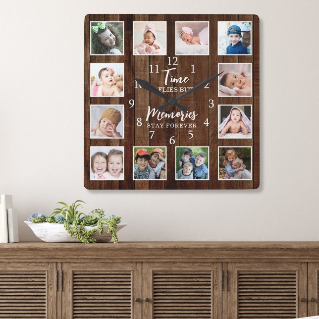 Relógio Quadrado 12 Photo Collage Time Memories Quote Pallet Wood (Criador carregado)