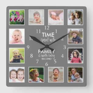 Relógio Quadrado 12 Photo Template Time With Family Quote Gray