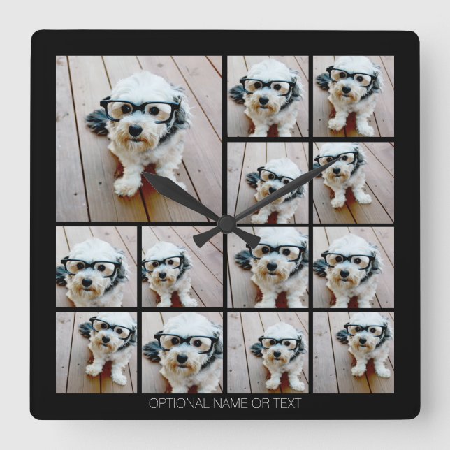 Relógio Quadrado 13 Colagem Funky de Foto com Texto Simples (Frente)