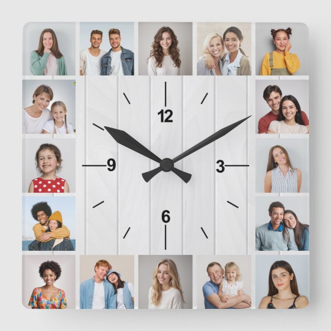 Relógio Quadrado 16 Colagem de Fotos Cerca De Madeira Branca Rústic (Frente)