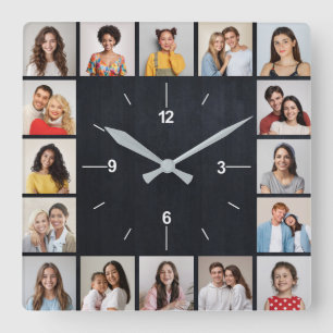 Relógio Quadrado 16 Foto Colagem Dark Faux Wood Fence