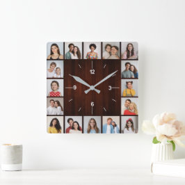 Relógio Quadrado 16 Foto Colagem Vermelha Faux Madeira Cerca
