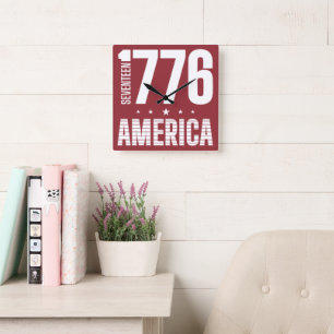 Relógio Quadrado 1776 América tipografia histórica liberdade branca