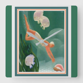 Relógio Quadrado 1930 Art Deco Swimmer/Resort Ad Wall Clock