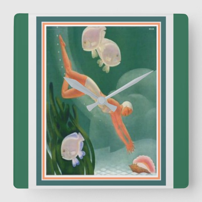 Relógio Quadrado 1930 Art Deco Swimmer/Resort Ad Wall Clock (Frente)