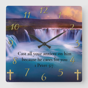 Relógio Quadrado 1 Peter 5:7 Dourada oração de fé cristã