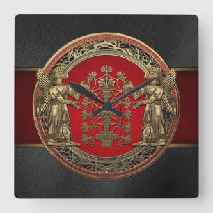 Relógio Quadrado [200] Dois Ninurtas Dourados com Árvore da Vida