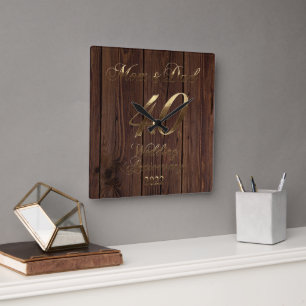 Relógio Quadrado 2022 Rustic Ruby Wedding 40º Aniversário Pais