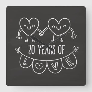 Relógio Quadrado 20 Anniversário Gift Chalk Hearts