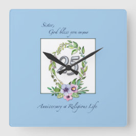Relógio Quadrado 25 aniversário da Católica Nun Wreath e Silver